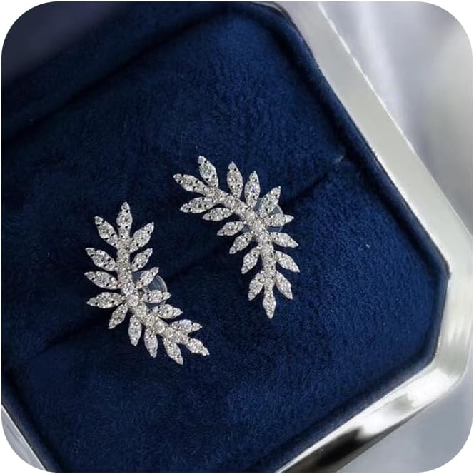 Sdouefos Store Women's Cubic Zirconia Elegant Bridal Floral Leaf Pierced Stud Earrings 14K Gold Plated Sterling Silver Post Brilliant Branch Faux Diamond Halo Earrings - Image 1